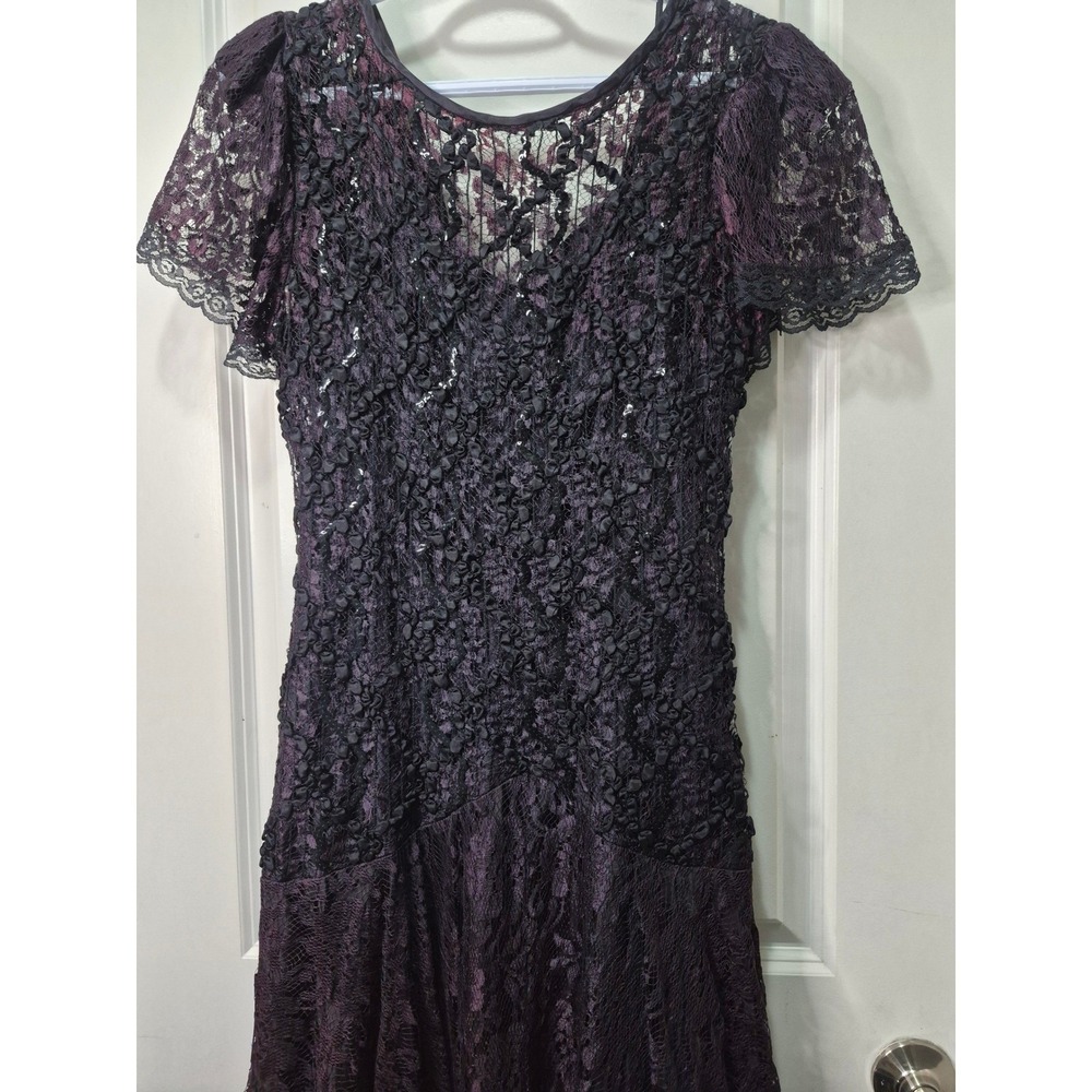 Vintage Black Purple Lace Sequin Ribbon Rosette Evening Gown Tea Length Dress - Picture 6 of 12